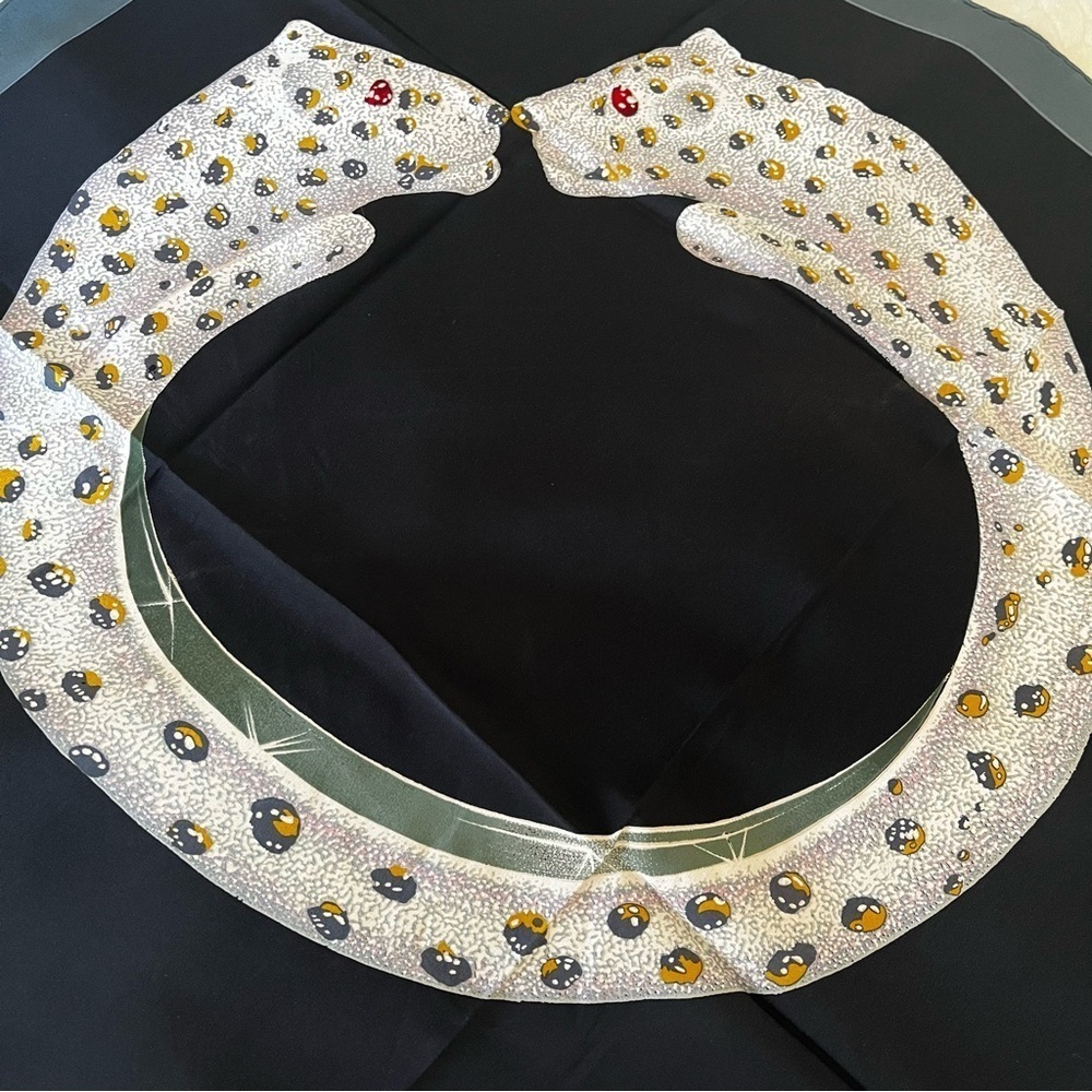 Cartier Jeweled Panther Silk Scarf Black Twill, with Box Vintage 1980s